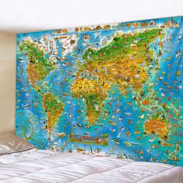 Nordic Style Animal World Map Tapestry Wall Hanging Polyster Beach Towel Polyester Thin Blanket Yoga Shawl Mat 210609