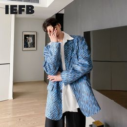 IEFB Men's Spring Autumn Suit Coat Korean Fashion Woollen Fabric Blue Blazers Zebra Print Thickness Warm Clothes Loose 9Y4689 210524