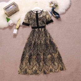 Boho Vintage Lace Mesh Party Sexy Dress Summer French Elegant A-Line Floral Embroidery long korean OL Work Wear Women 210514