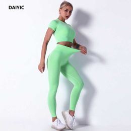 DAIYIC Women SeamlYoga Set Short Sleeve Crop Top High Waist Sport Leggings Active Wear Gym Suit Workout Clothes For Women X0629