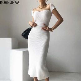 Korejpaa Women Dress Summer Korea Chic Elegant Temperament Square Collar Exposed Clavicle Slim Fit Knitted Hip Slit Vestido 210526