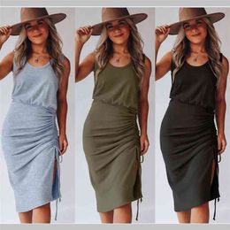Office Lady Casual Drawstring Sleeveless Mid-Length Dress For Women Summer Solid Colour Split Vest Robes Femme 210517