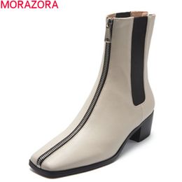 MORAZORA arrival fashion women boots genuine leather boots med heels square toe ankle boots for woman black brown 210506