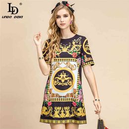 Summer Fashion Runway Vintage Dress Women Short sleeve Luxury Bead Animal Flower print Lady Loose Mini 210522