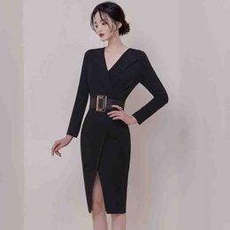 High Quality Women Office Lady Sheath Dress Autumn Black Long sleeve Work Bodycon Notched Collar Pencil OL Dress with Belt 210514