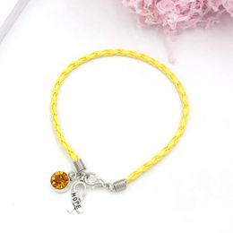 Wholesale Topaz Crystal Charm Yellow PU Leather Rope Hope Ribbon Cancer Awareness Bracelets Jewelry