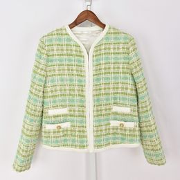 2021 Autumn Fall Long Sleeves V Neckline Green Jacket French Style Plaid Tweed Panelled Contrast Trim Jackets Outwear Coats G123056