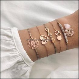 Bracelets Link, Chain Umka 5 Pcs/Set Boho Fashion Heart Map Geometric Beaded Tassel Rope Gold Bracelet Set Women Charm Party Wedding Jewellery