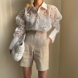 High Quality Hollow Out Floral Embroidery Temperament Shirt Women Sexy See Through Long Sleeve Loose White Blouse Top Trend 210317