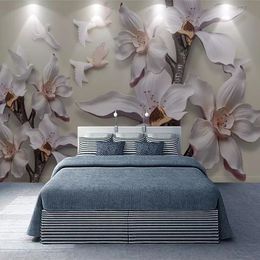 Custom Size 3D Wall Stereoscopic Relief Murals White Magnolia Flower TV Background Wallpapers For Living Room