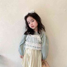 Girls fashion light green long sleeve casual blouse with lace vest Spring clothes outfits 210508