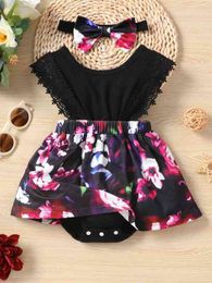 Baby Floral Print Contrast Guipure Lace Combo Bodysuit Dress With Headband SHE