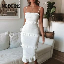 NEDEINS Summer Fashion Sling Long Dress Women Casual Party Dress Female Ruffles Vestidos Plus Size Natural Solid Dress 210323