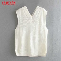 Tangada Women Fashion V Neck White Oversized Knitted Vest Sweater Sleeveless Female Waistcoat Chic Tops QJ58 210609
