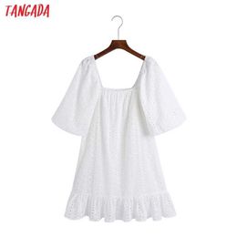 Tangada Women White Off Shoulder Embroidery Romantic Cotton Dress Puff Short Sleeve Females Mini Dresses Vestidos 6Z82 210609