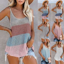 Sexy Tank Tops Summer Women Knit Vest Color Collision O-Neck Sleeveless V Neck Camis Female Casual Loose Camisole Plus Size 210526