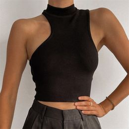 Women Sexy Single One Shoulder Tank Tops Vest Bare Midriff Sleeveless T-Shirt Summer Beach Crop Top Turtleneck knitted top 210430