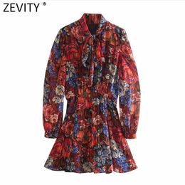 Zevity Women Vintage Bow Tied Collar Totem Flower Printing Casual Slim Kimono Dress Female Chic Side Zipper Vestido DS5039 210603