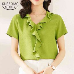 Summer Tops and Blouse Blusas Mujer Solid Colour Ruffled Chiffon Shirt Women Short Sleeve All-match Slim-Fit Fashion Style 10055 210508