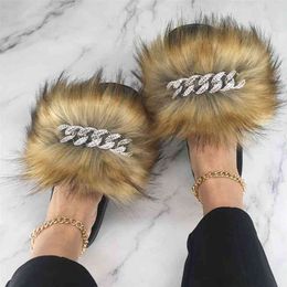 Fur Slides Women Fluffy Slippers Ladies Summer Chain Flip Flops Beach Shoes Female Indoor ry With 210607