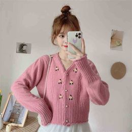 Korean Cardigan Women V Neck Single Breasted Crop Sweater Spring Autumn Ladies Floral Embroidery White Short Knitted Tops 210525