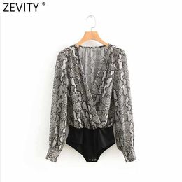 Zevity Women Sexy Cross V Neck Snake Skin Print Patchwork Bodysuits Office Lady Serpentine Slim Siamese Chic Romper P1011 210603