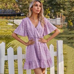 Vintage Polka Dot Pink Summer Dress for Women Casual Boho Beach Style Mini Short Flare Sleeve V Neck Sundress 210427