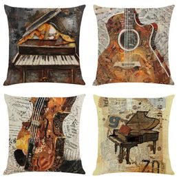 Vintage Musical Instrument Cushion Cover Decorative Pillows Art Style Seat Cushions Home Decor Flax Throw Pillow Sofa Pillowcase Cushion/Dec