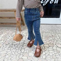 New autumn girls high-elastic denim flared pants Korean style fashion children slim-fit split trousers 210317