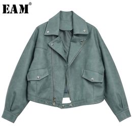 [EAM] Loose Fit Green Pu Leather Split Joint Short Jacket Lapel Long Sleeve Women Coat Fashion Spring 1Y643 211014