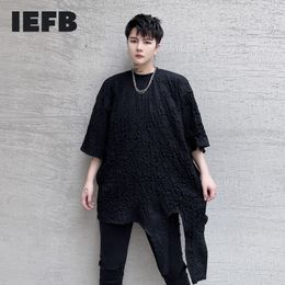 IEFB Summer Crinkle Fabric Black Mens T-shirts Loose Irregular Bottom Mens Short Sleeve Tee Tops Oversize Clothing 9Y7373 210524