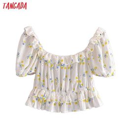 Tangada Women Flower Ruffles Embroidery Romantic Blouse Shirt Off Shoulder Short Sleeve Chic Female Tops 3H315 210609