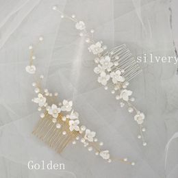 White Porcelain Flower Wedding Comb Vine Pearls Women Jewellery Handmade Bridal Hair Piece Ornament