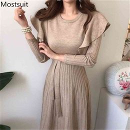 Korean Knitted Ruffles Belted Women Long Dress Full Sleeve O-neck Pleated A-line Dresses Vintage Elegant Ladies Vestidos 210513