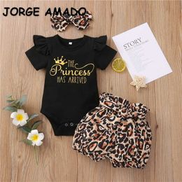 Wholesale Valentine's Day Girls Outfits Black Crown Letter Short Sleeve Jumpsuit + Leopard Bow Shorts E22186 210610