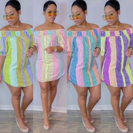 Casual Dresses Autumn Colorful Striped Print Shirt Dress Sexy Off Shoulder Long Sleeve Mini Women Elegant Vintage Vestido Robe Outfits