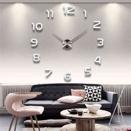 Large Home Wall Clock 3D DIY Clock Acrylic Mirror Stickers Home Decoration Living Room Quartz Needle Self Adhesive Hanging Watch 210325