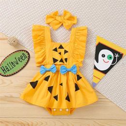 Ma&Baby 0-24M born Infant Baby Girls Halloween Costumes Bow Pumpkin Rompers Sleeveless Ruffles Jumpsuit DD40 211101