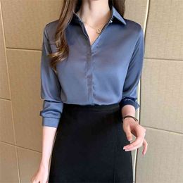 1Elegant Wine Women Blouse Satin Shirt for Turn Down Collar Long Sleeve Female Formal Office OL Tops 210514