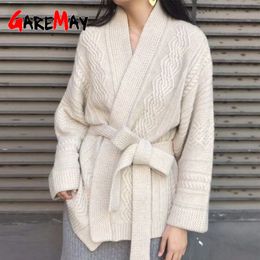 Warm Knitted Cardigan Female Casual Criss-Cross Belt Turn Down Collar White Sweater Women Cotton Knitwear Cardigans Tops 210428