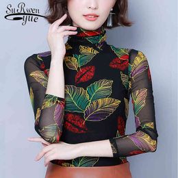 Fashion Elegant Women Tops Casual Blouses Printed Pullover Slim Long Sleeve Turtleneck Autumn and Winter 6119 50 210508