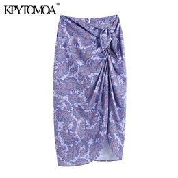 KPYTOMOA Women Chic Fashion With Knot Paisley Print Wrap Midi Skirt Vintage High Waist Back Zipper Female Skirts Mujer 210621