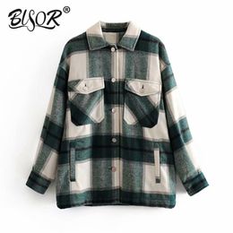 Fashion women oversized plaid jacket pocket turn-down collar casual korean style long coat sleeve pockets tops 210430