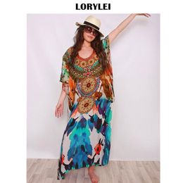 Casual Bathing Suit Cover-ups Bohemian Printed V-Neck Loose Summer Holiday Dress Plus Size Women Beach Wear Cover Up N953 Sarongs