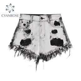 Women's High Waist Denim Shorts Ripped Hollow Out Hole Streetwear Black Jean Fashion Summer Beggars Female 210515