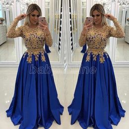 Gold Appliques Royal Blue Chiffon Lace Evening Dresses Modest Long Sleeves Mother of The Bride Groom Dresses Formal BC0144