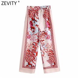 Zevity Women Vintage Totem Floral Print Elastic Waist Casual Wide Leg Pants Retro Female Chic Pocket Summer Long Trousers P1094 210915