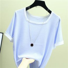 summer Fashion Square collar stripe sweater bottoming shirt women's thin pullover woman sweaters 210507