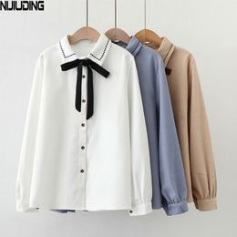 Women Retro Blouse Spring Autumn Bow Collar Long Sleeve Chiffon Shirts Female Single-Breasted Solid Sweet Mujer Blusas Tops 210514