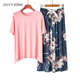 JULY'S SONG New Modal Pyjamas Set 2 Pieces Women Viscose Simple Floral Printing Short sleeve Trousers Summer Autumn Sleepwear 210320